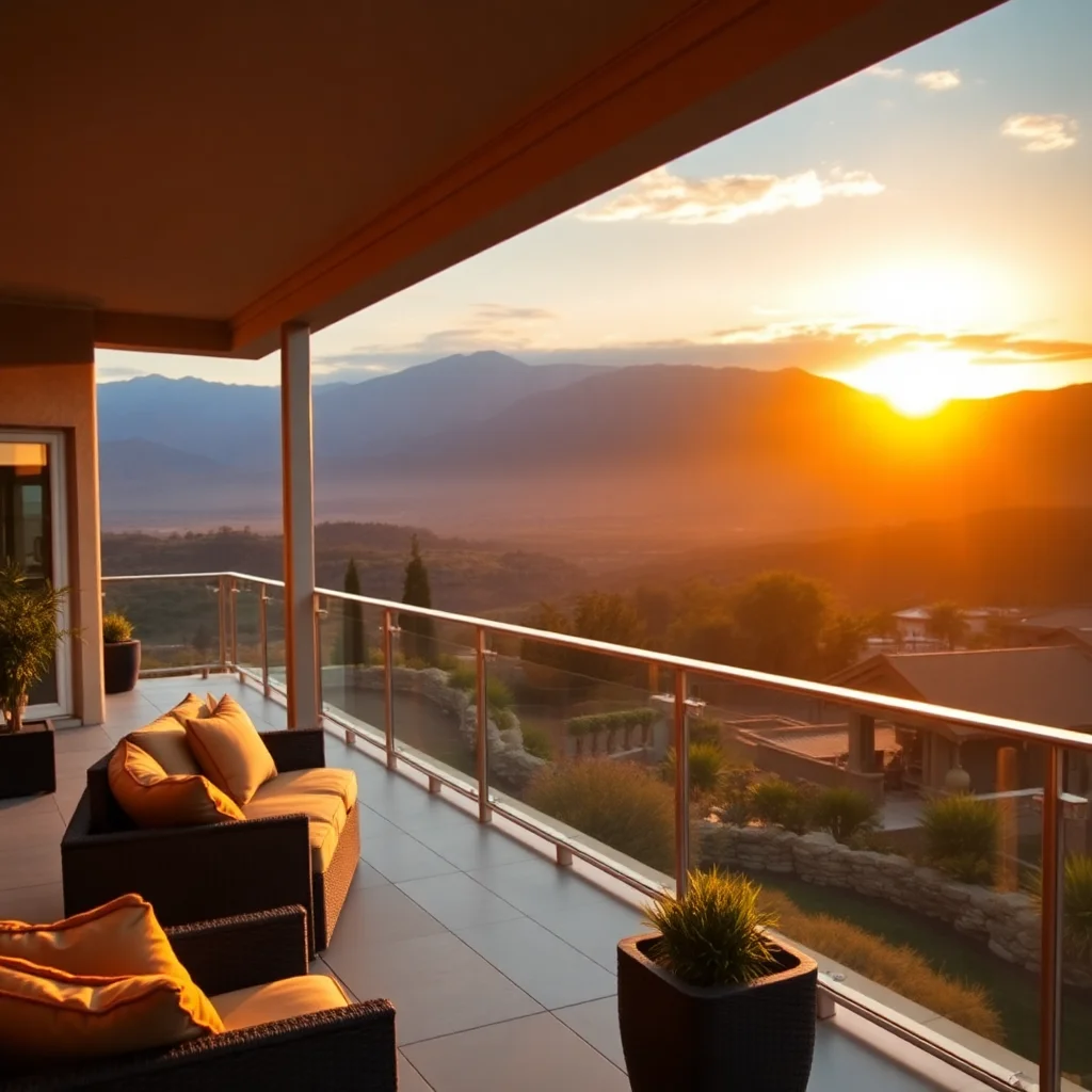 A luxury outdoor patio with glass railings overlooking a scenic mountain view during a stunning sunset.