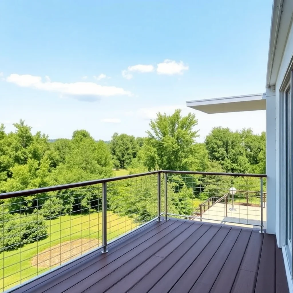 A modern deck with stainless steel wire railings overlooking a lush green backyard under a clear sunny sky.