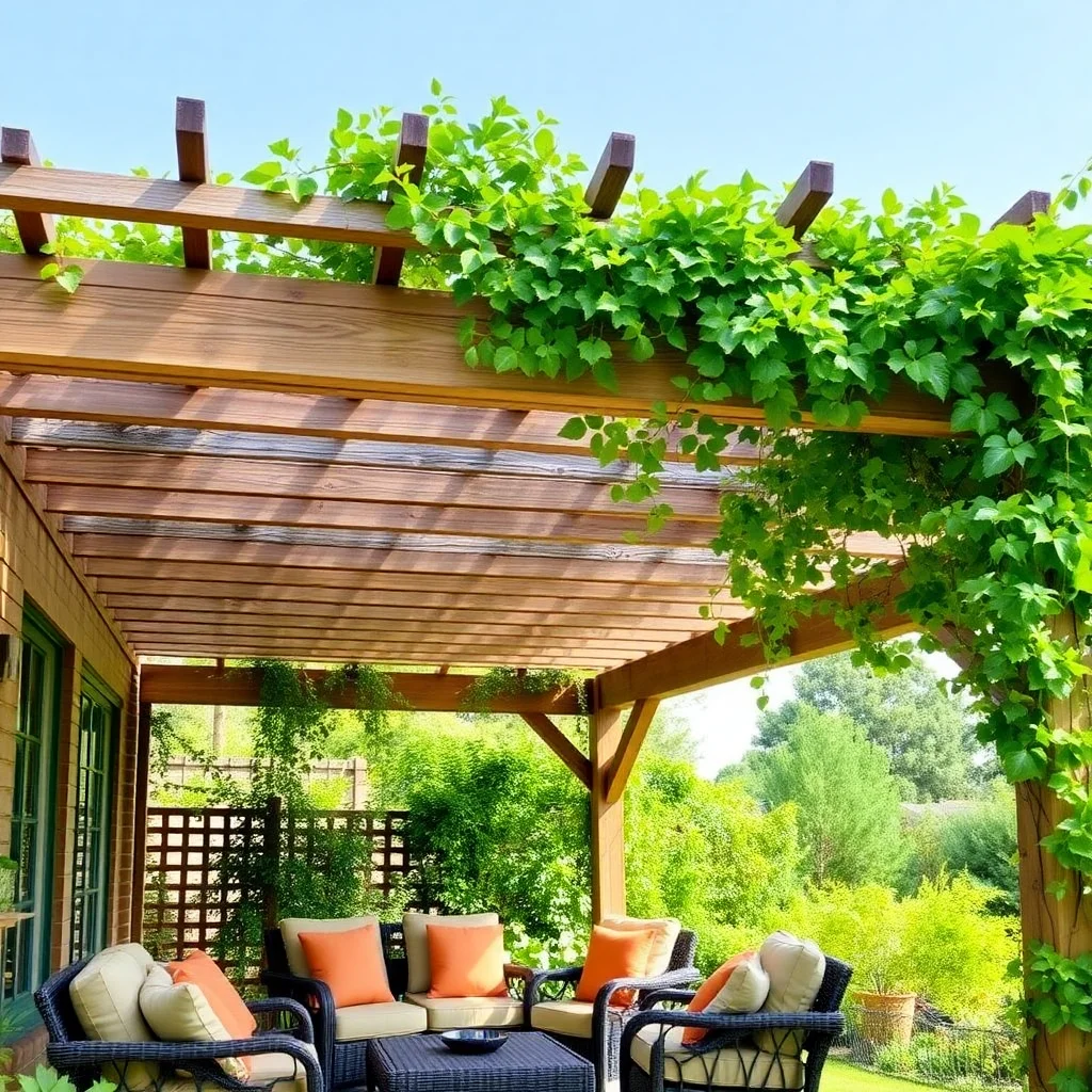A rustic wooden lattice patio cover with climbing plants
