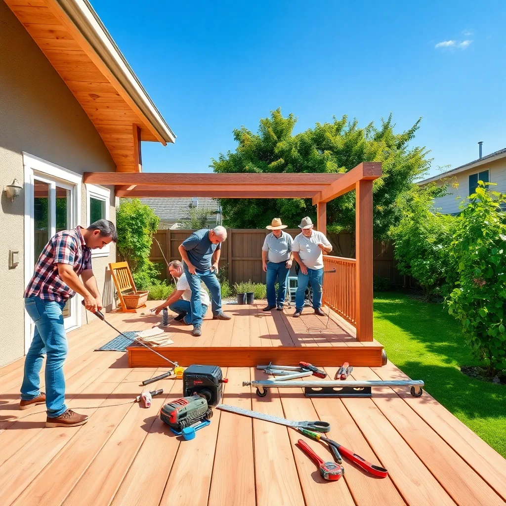 A team of professionals repairing a wooden deck in a brigh sunny day