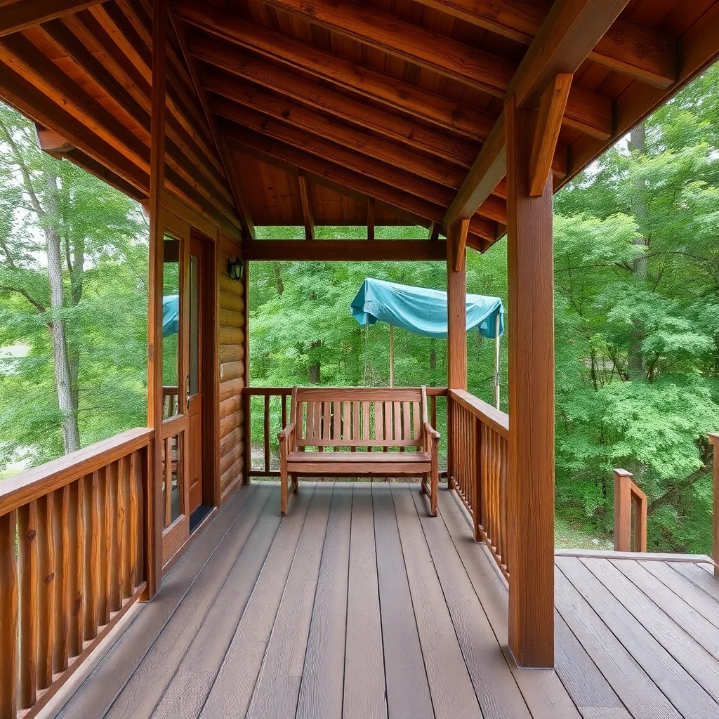 A wooden deck with rustic wooden railings and a cozy porch swing, nestled among lush green trees.